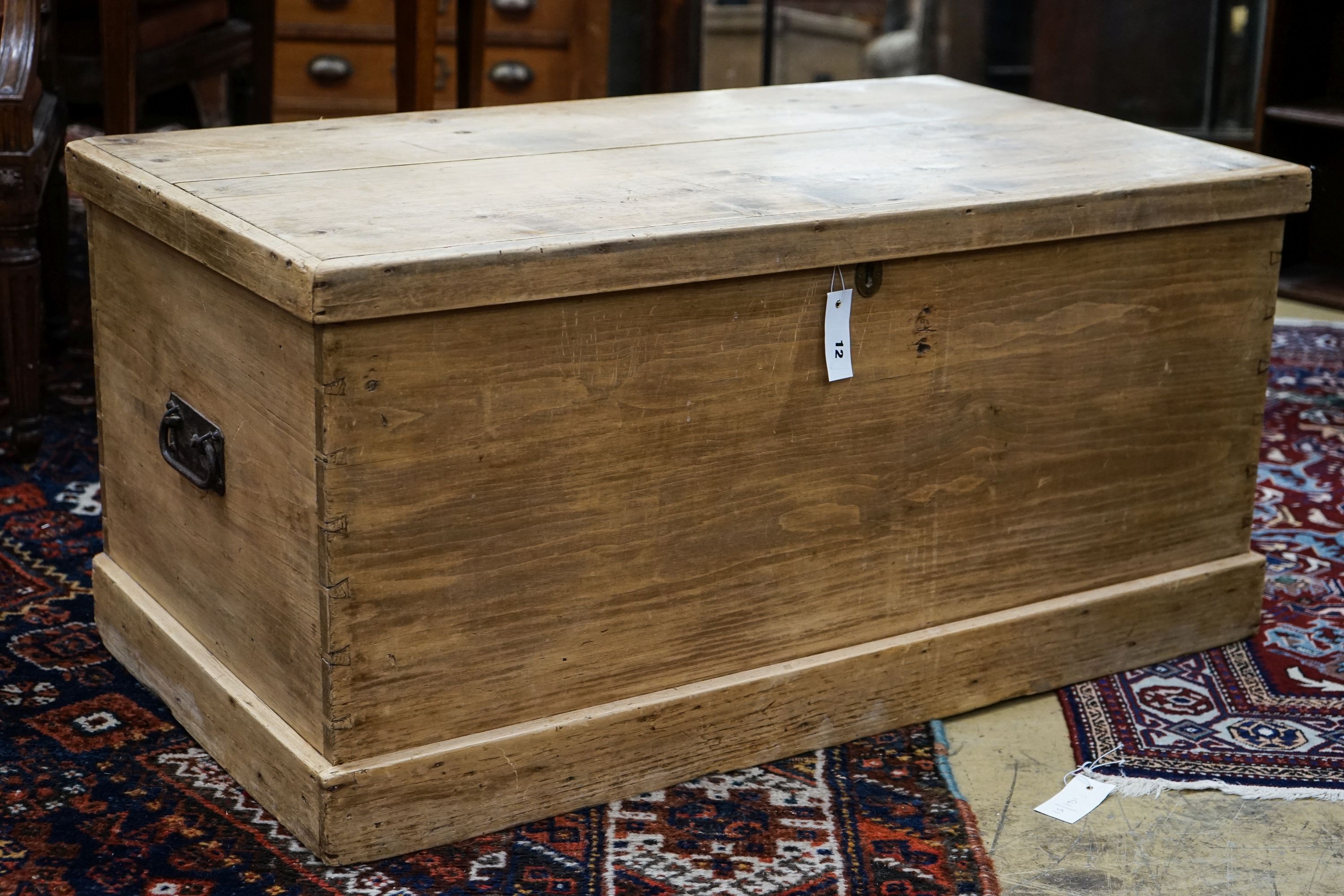 A Victorian rectangular pine trunk, length 96cm, width 52cm, height 45cm